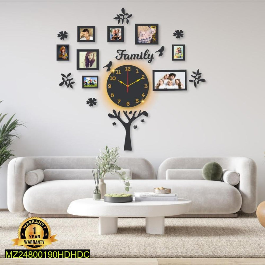 Family Tree Wall Clock with Backlight & Photo Frames