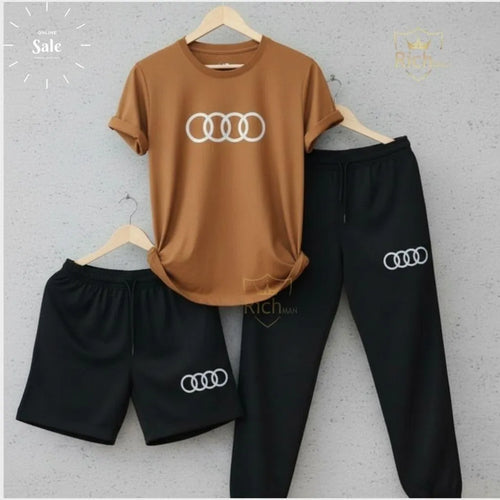 3-Piece Tracksuit Brown Cotton Summer Set for Men