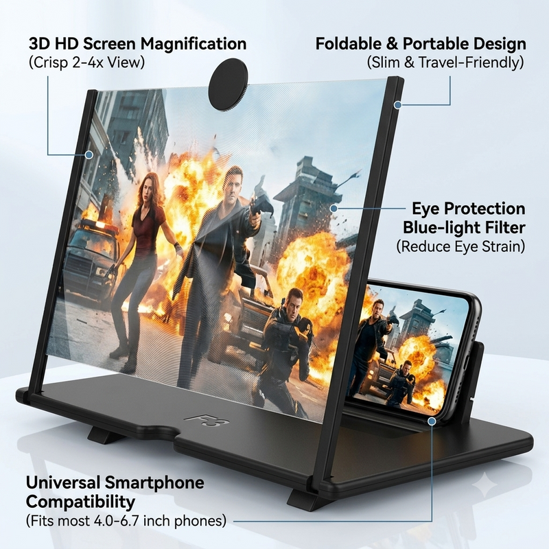 3D Mobile Phone Screen Magnifier Amplifier with Foldable Stand (F3)
