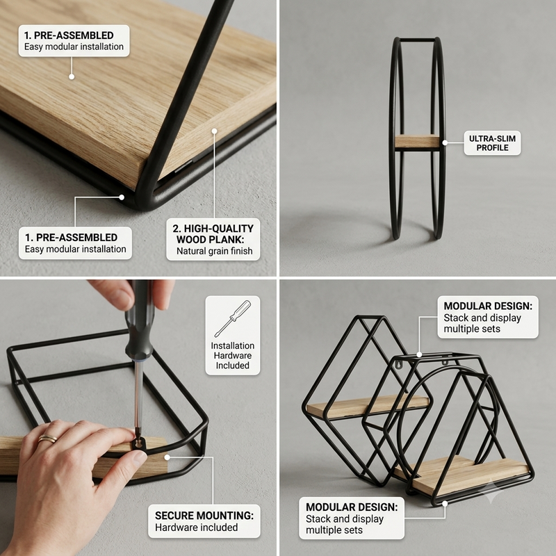 1pcs Wall Mounted Wooden Metal Shelf
