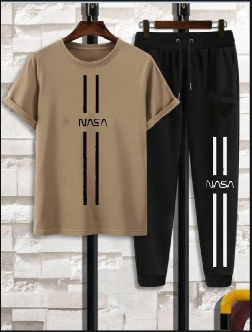 Men NASA Printed Track Suit Beige Black Polyester Summer Wear